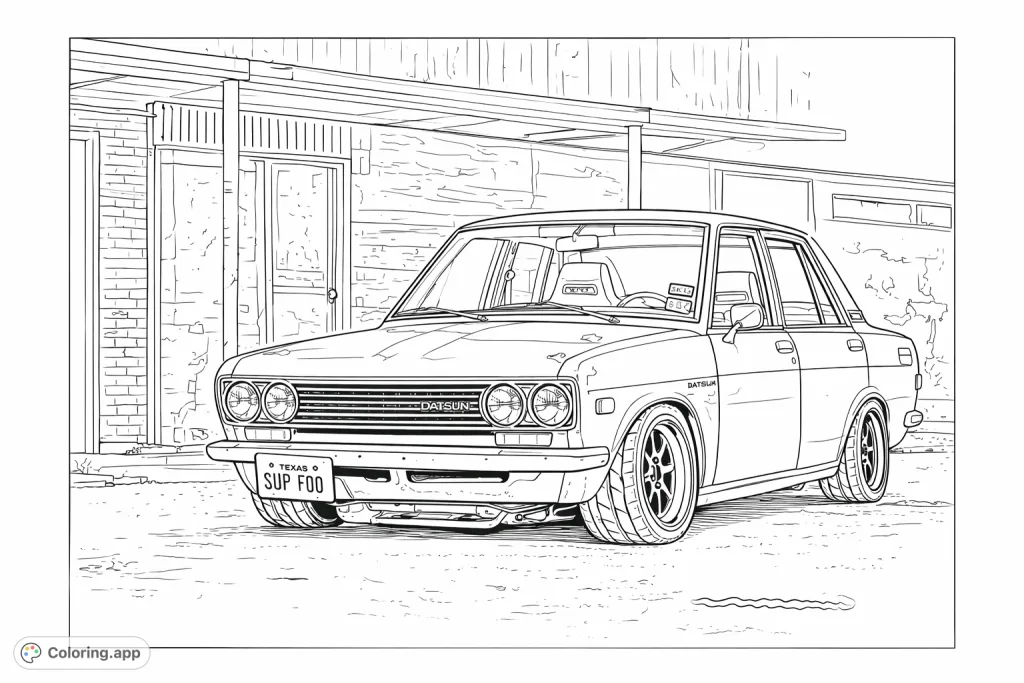 Color this classic Datsun sedan with custom features, parked against a textured urban backdrop. A retro car coloring page for enthusiasts.