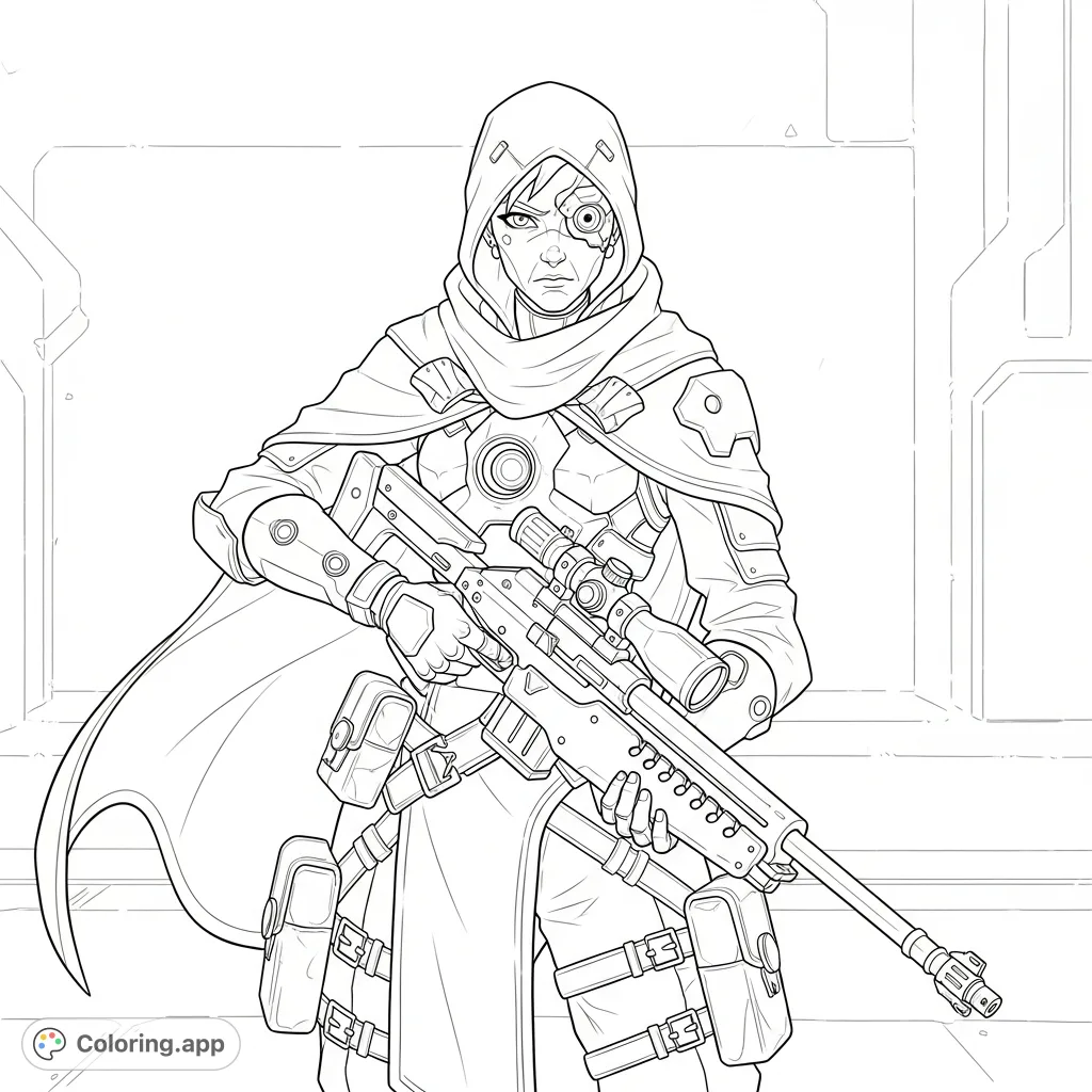 A detailed Ana Amari Overwatch 2 coloring page, featuring the veteran sniper in her iconic gear, poised for action. Perfect for fans of the game.