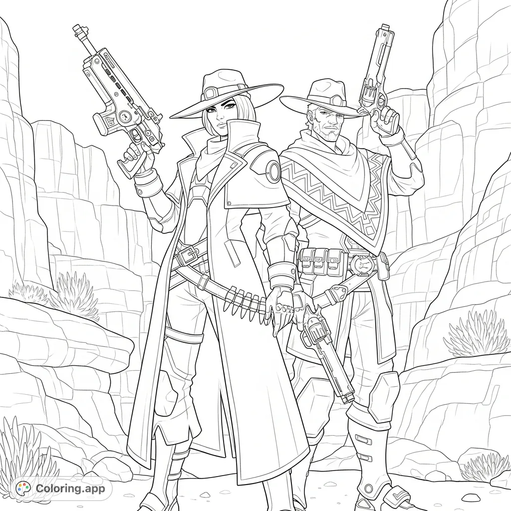 An action-packed Overwatch 2 coloring page featuring Ashe and Cassidy in a detailed western-themed scene, perfect for fans of the game.