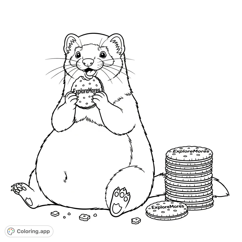 Discover a happy, plump ferret enjoying an "ExploreMores" cookie, surrounded by a delicious pile and crumbs. A charming, free printable ferret coloring page for all ages!