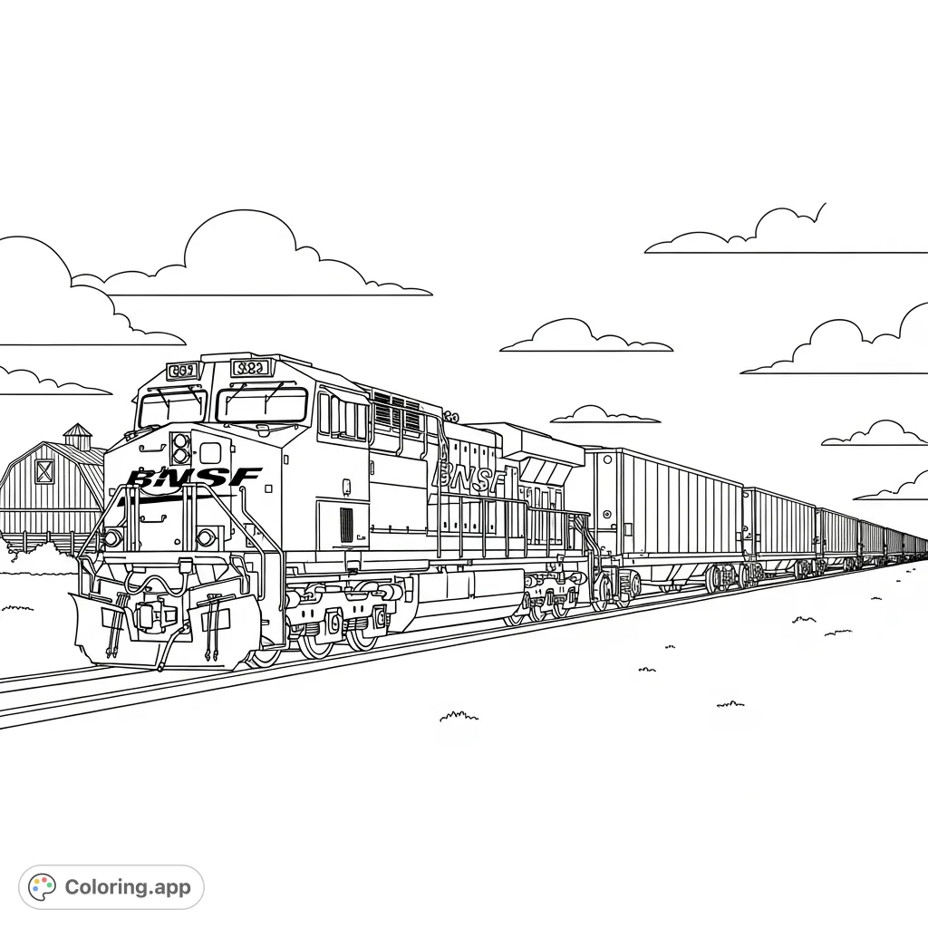 An easy BNSF train with cargo trailers coloring page. A free printable train coloring page for kids and transportation enthusiasts.