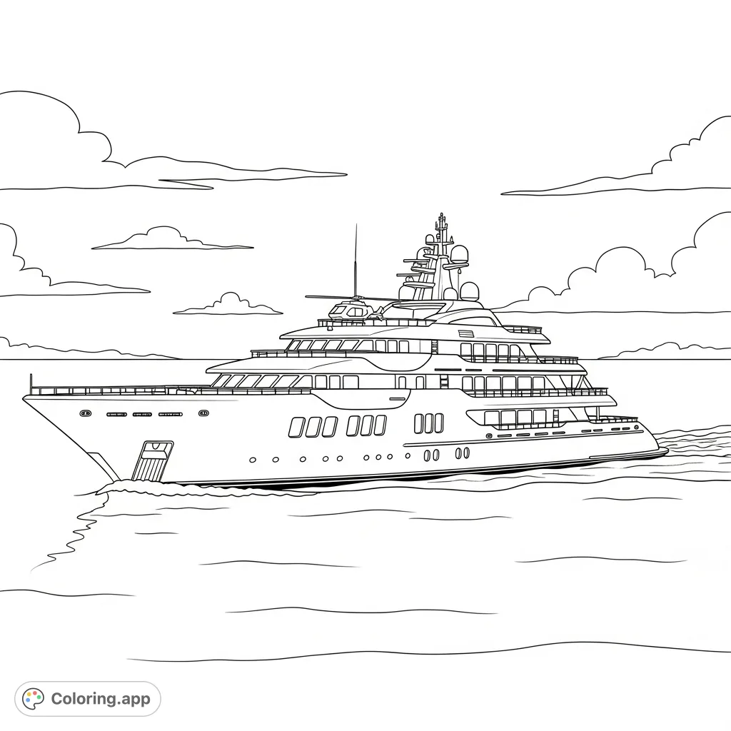 Embark on a sophisticated coloring journey with a luxury mega yacht gracefully floating across the open sea, featuring sleek lines, multiple decks, and a helipad.