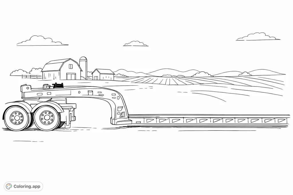 Detailed heavy-haul semi-trailer coloring page, featuring a robust gooseneck and long platform, perfect for transport enthusiasts of all ages.