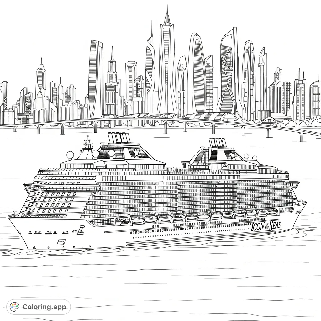 Color the magnificent Icon of The Seas cruise ship against a stunning backdrop of a futuristic cityscape with towering skyscrapers and vast ocean waters.