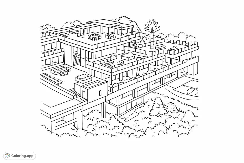 Explore a magnificent modern mansion coloring page. Featuring multi-level design, a grand pool, and lush surroundings, perfect for architectural enthusiasts.