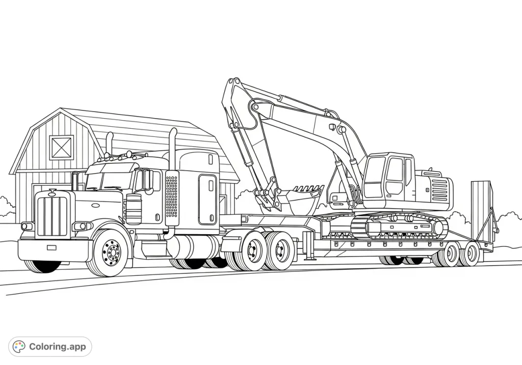 A powerful Peterbilt semi-truck hauls a heavy excavator on a lowboy trailer, ready for a big construction job. Perfect for machinery enthusiasts.