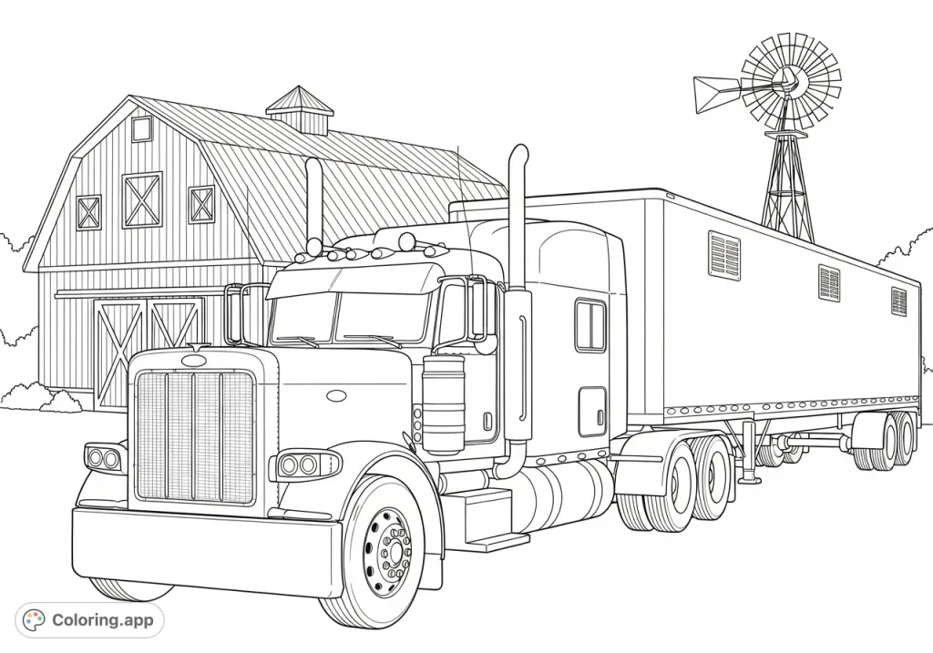 Color a mighty Peterbilt 379 sleeper semi pulling a bull trailer, set against a classic barn and an old windmill. A detailed trucking scene!