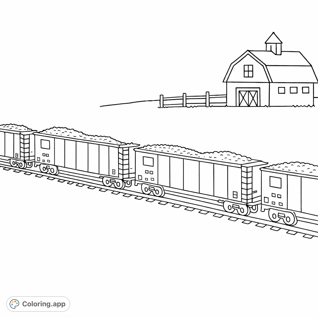Chug along with this train hopper cars coloring page! Featuring multiple freight cars on a track, perfect for kids and adults. A simple country barn backdrop.