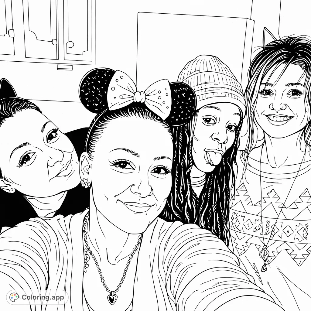 Capture the joy of friendship with four women in playful headwear and unique accessories. A fun, detailed scene perfect for personalizing with your favorite shades.