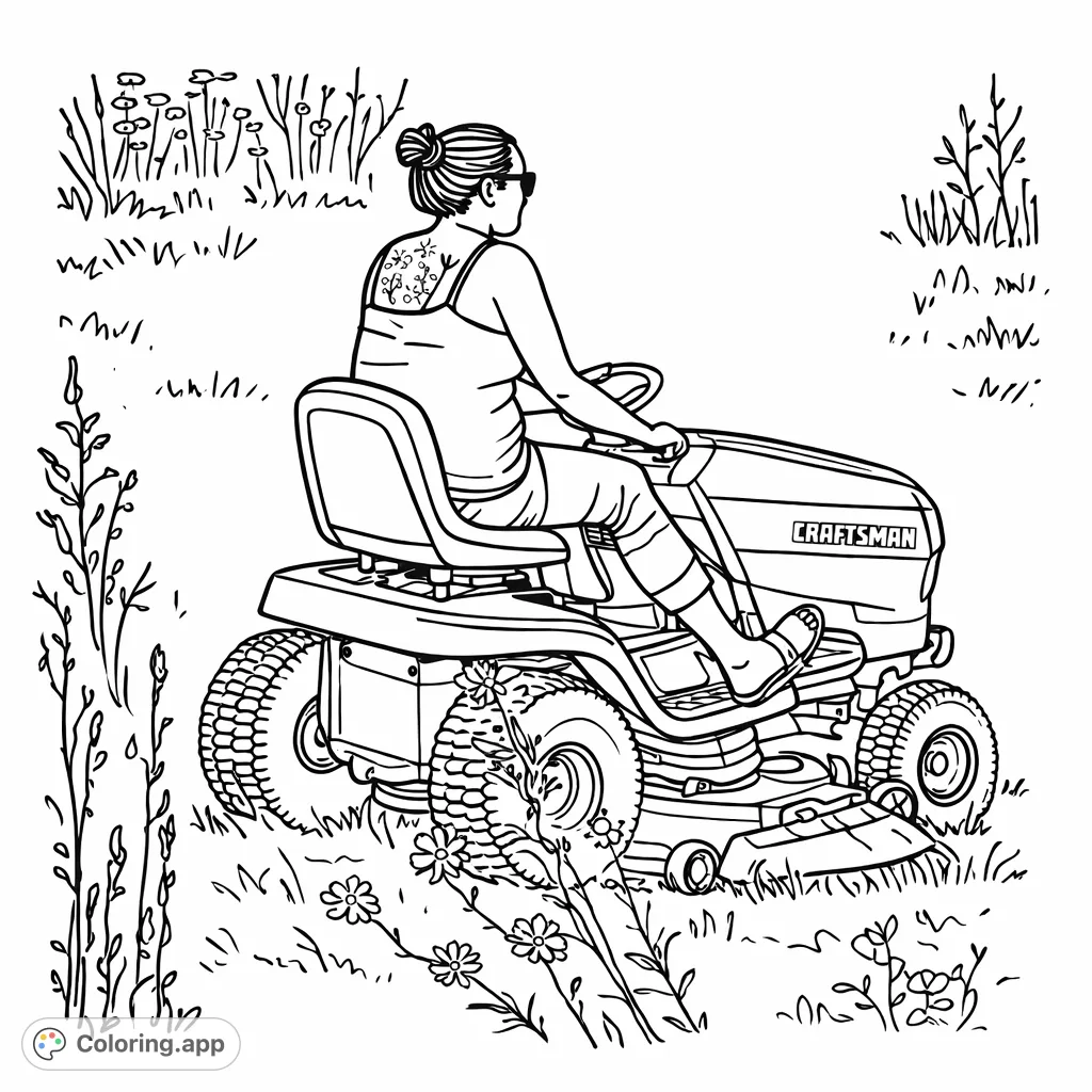 A person operates a riding lawn mower in a lush grassy field, perfect for a relaxing and detailed coloring session focusing on machinery and nature.