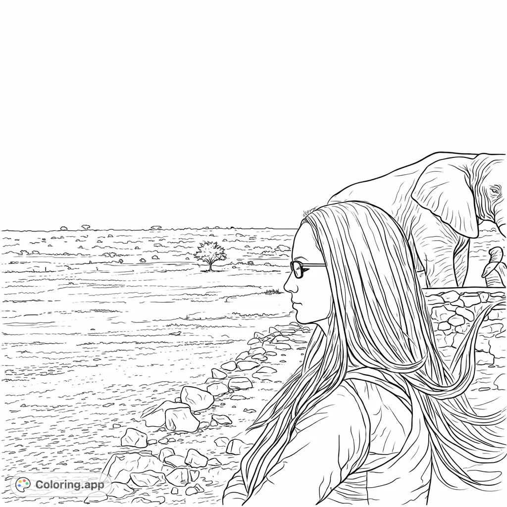 Explore a captivating safari scene featuring a woman observing a majestic elephant in an expansive, arid landscape. A detailed nature and wildlife coloring page.