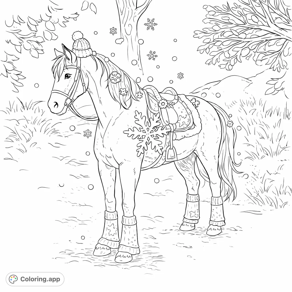 A magnificent horse adorned with a cozy hat, saddle, and festive snowflakes, standing in a serene winter landscape. Perfect for coloring enthusiasts.