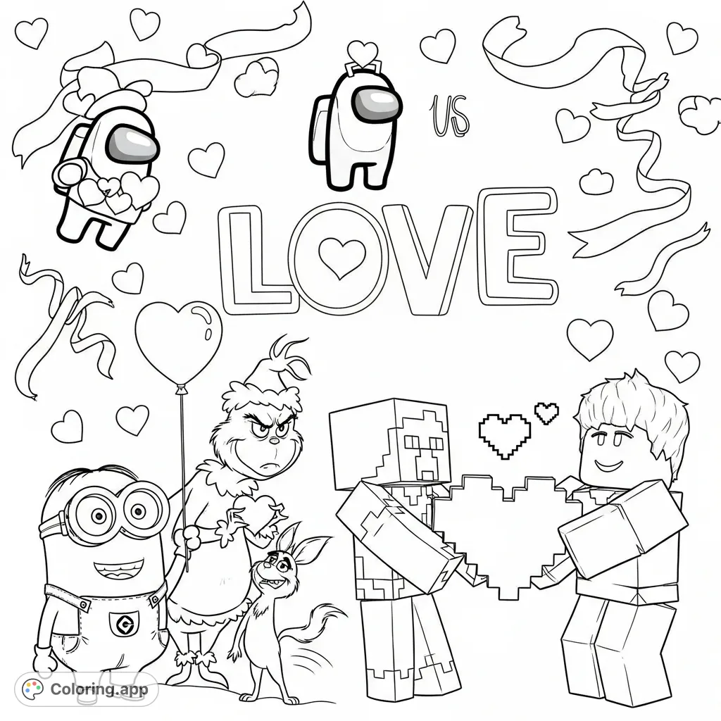 A unique Valentine's coloring page featuring Minions, The Grinch, Minecraft, Roblox, and Among Us characters sharing hearts in a playful scene.