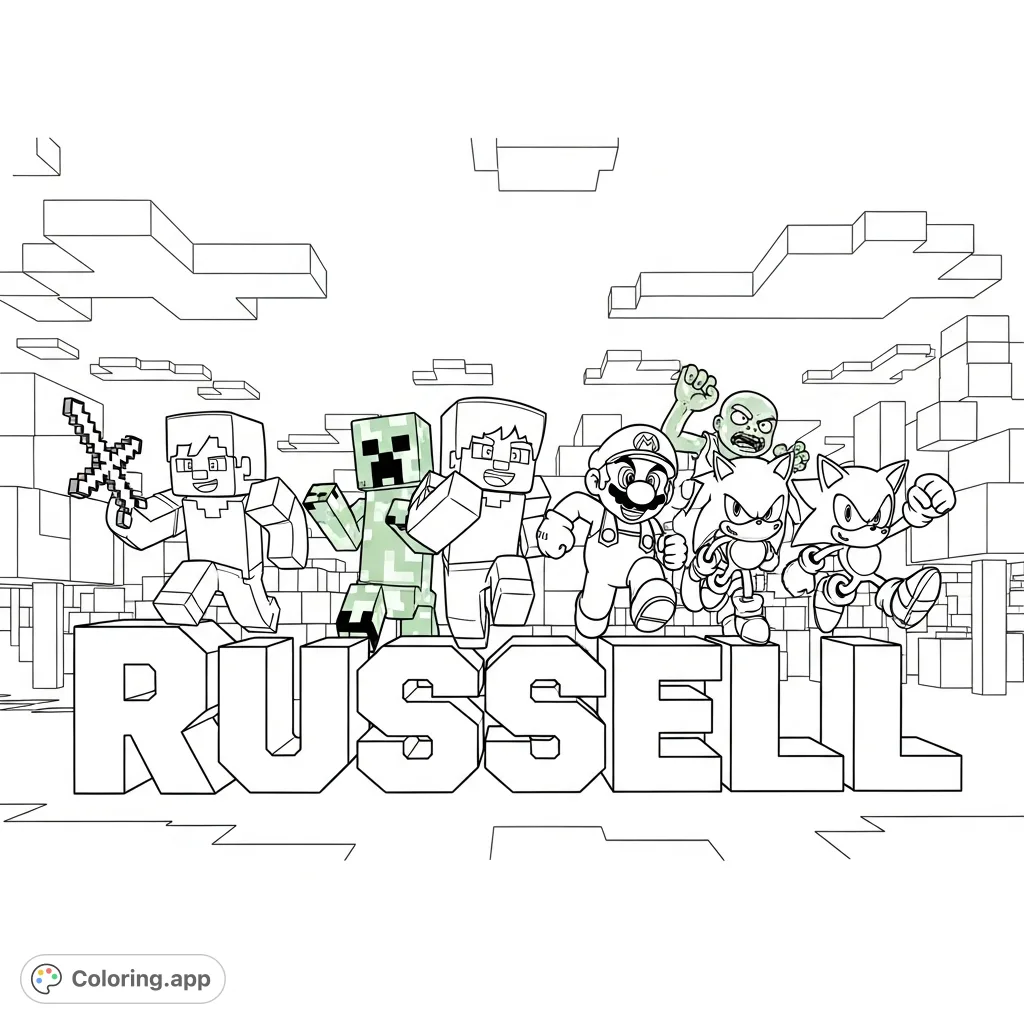 A dynamic gaming crossover coloring page featuring Steve, Alex, Creeper, Zombie, Mario, and Sonic bursting from blocky 'Russell' letters in action poses.