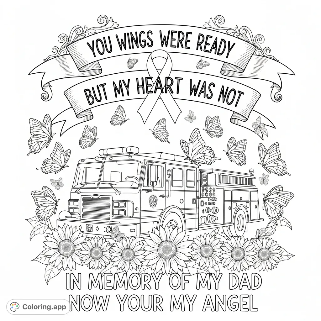 A heartfelt memorial coloring page featuring a firetruck, a cancer ribbon, butterflies, and sunflowers, with poignant text. A tribute to a beloved dad.