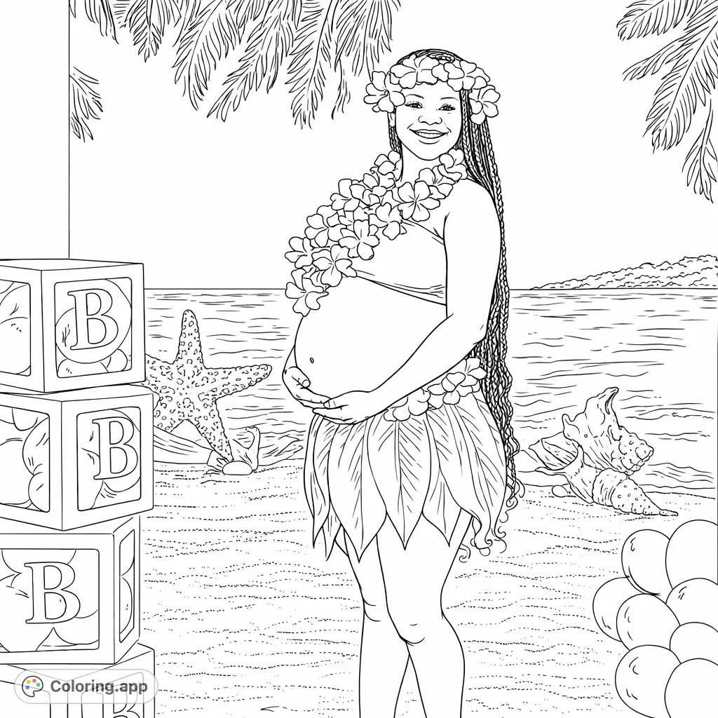 Celebrate new beginnings with this tropical baby shower coloring page. A joyful expectant mother in a leaf skirt and lei smiles against a beach backdrop.