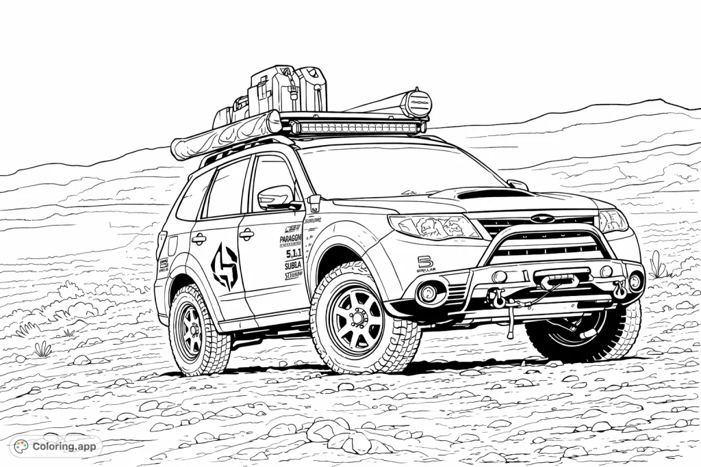 Color a detailed off-road SUV equipped for adventure, complete with roof rack gear and rugged tires, set against a vast, open landscape.