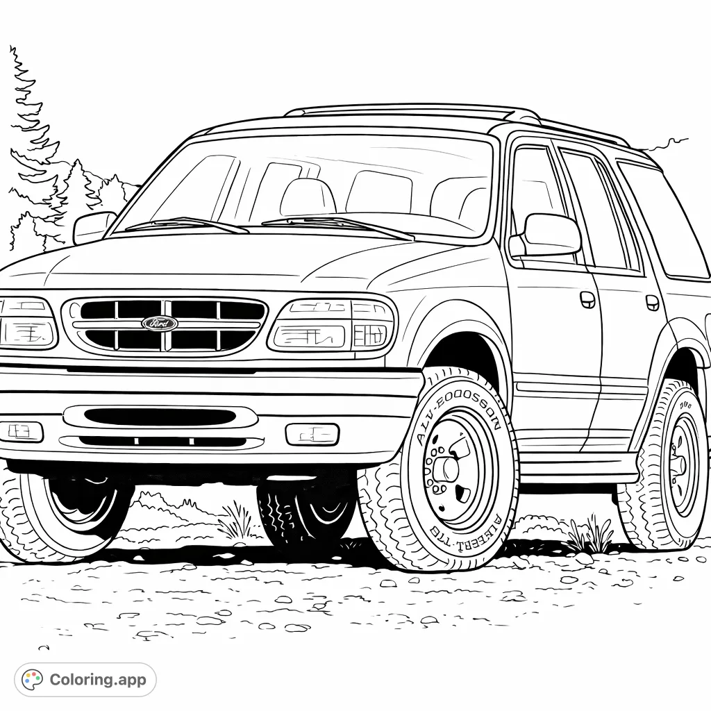 Explore the open road with this rugged SUV coloring page. Perfect for car enthusiasts, featuring a detailed utility vehicle amidst a mountain backdrop.