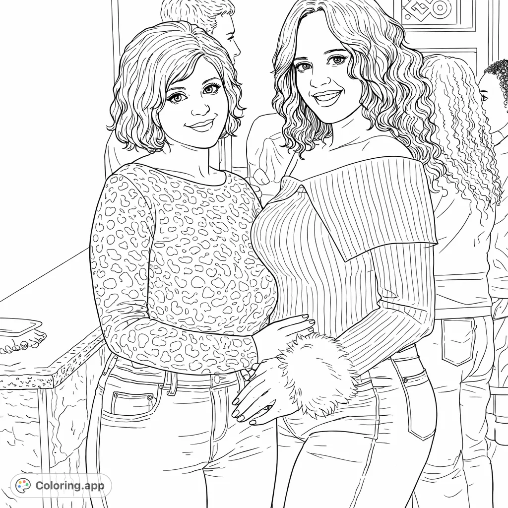 A delightful coloring page featuring two smiling women with distinctive hairstyles and textured clothing, perfect for personalizing and creative expression.