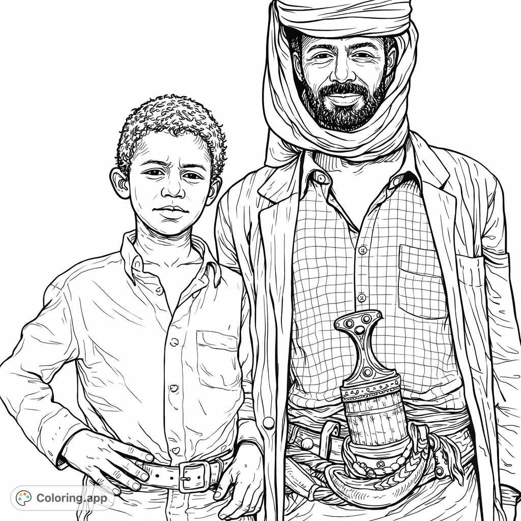 A compelling coloring page featuring a man in traditional attire with a detailed dagger and a young boy standing in an arid landscape, inviting cultural exploration.