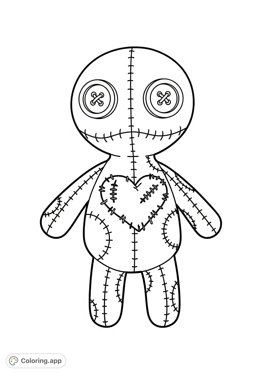 Discover a charming kawaii gothic stitched voodoo doll coloring page! Featuring button eyes, a tattered heart, and bold outlines for a unique and enjoyable coloring experience.