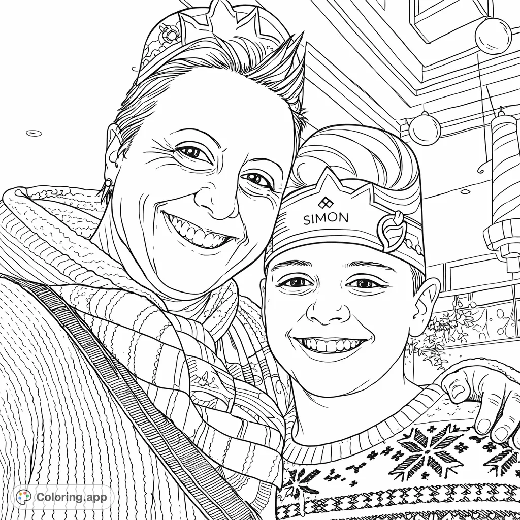 A heartwarming holiday scene featuring a smiling adult and child in festive attire and hats, perfect for spreading cheer and holiday spirit.