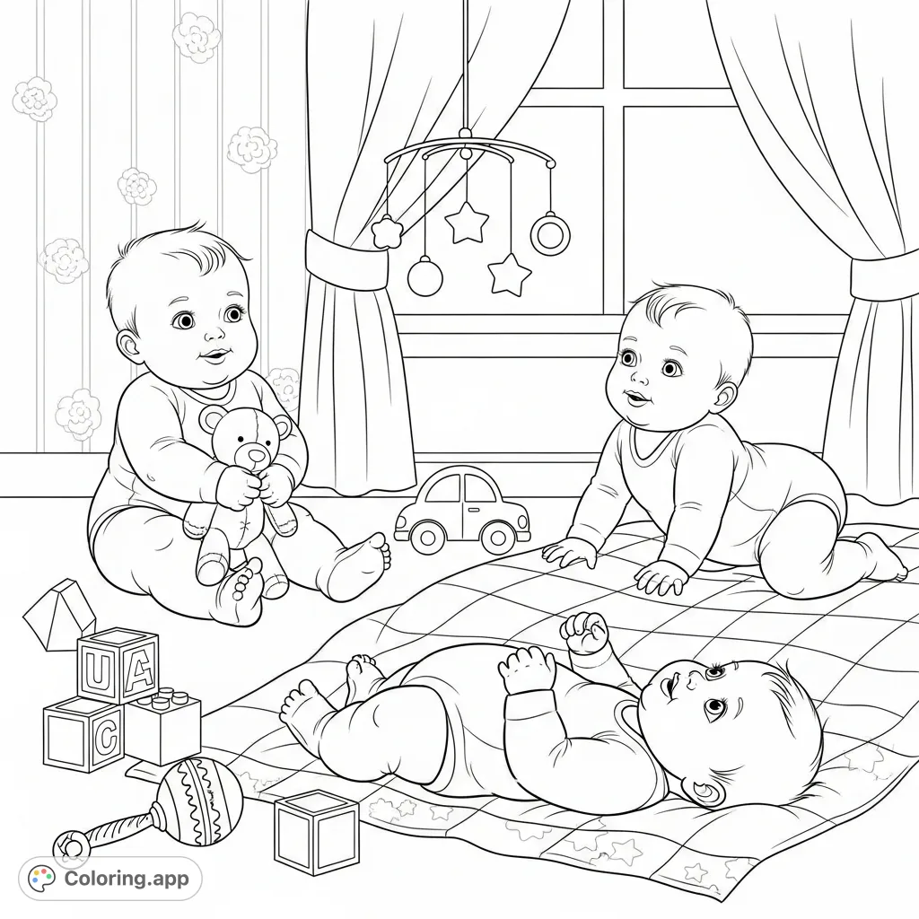 Discover adorable babies playing on a patterned quilt surrounded by classic toys. A charming baby coloring page perfect for all ages to enjoy.