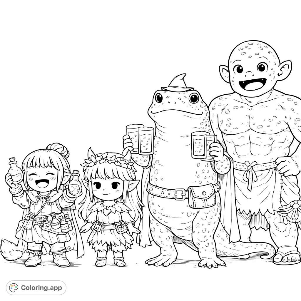 Join a cheerful ensemble of fantasy characters, from an alchemist to a lizard mage and a mighty warrior. A delightful scene for creative coloring!