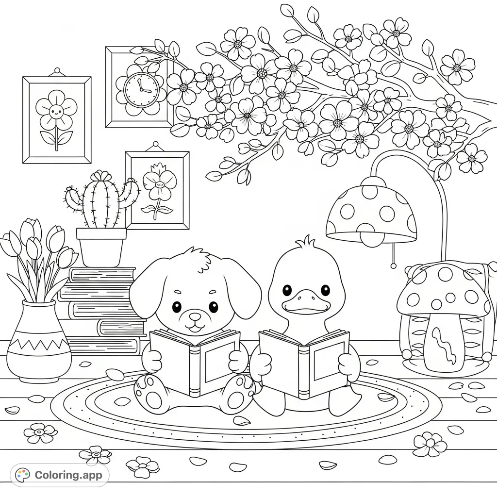 An adorable puppy and duck read together in a charming, cozy room filled with scattered flowers, a mushroom lamp, and delightful wall decor.