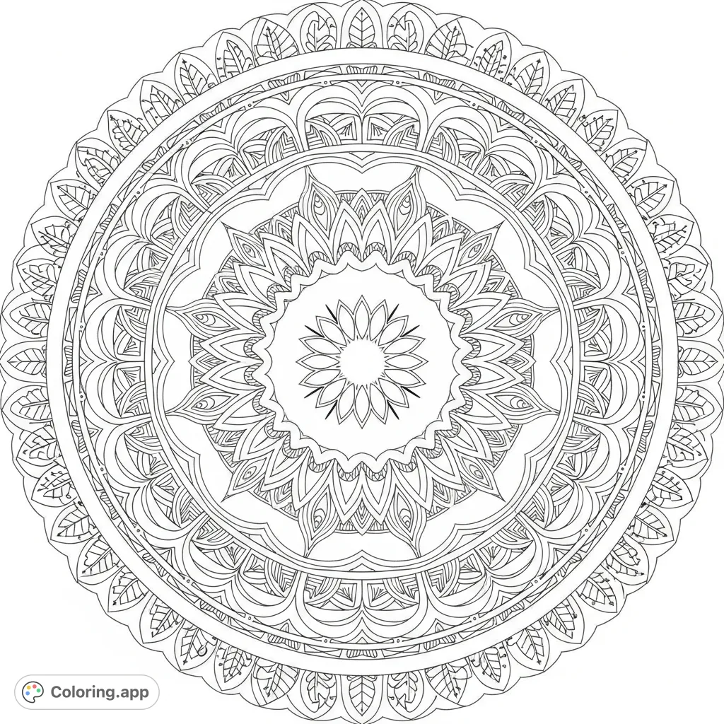 A highly detailed symmetrical mandala coloring page featuring intricate geometric patterns, layered rings, and elaborate textures for a captivating creative experience.