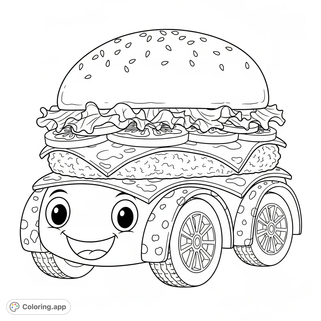 Zoom into fun with this smiling cheeseburger mobile! A delightful food-themed vehicle with cheese rims, happy eyes, and yummy toppings for creative coloring.