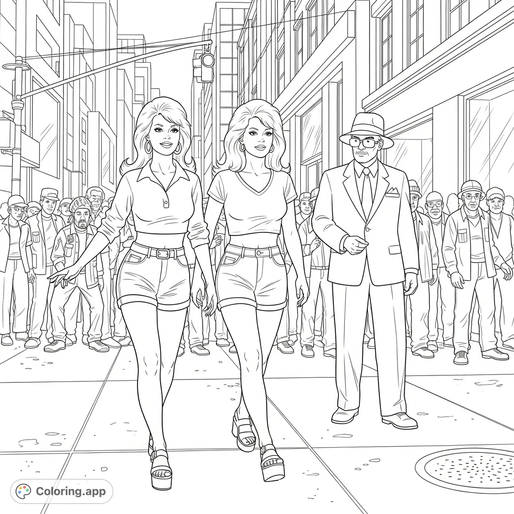 Step into 1974 downtown NYC! Two stylish young women in short shorts and platform sandals search a bustling street, capturing a unique era.