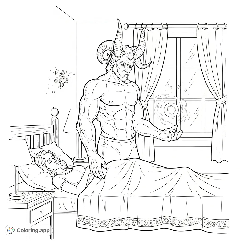 Discover a unique fantasy creature coloring page featuring a horned, muscular half man half beast observing a woman in a bedroom. A scene of mystery.