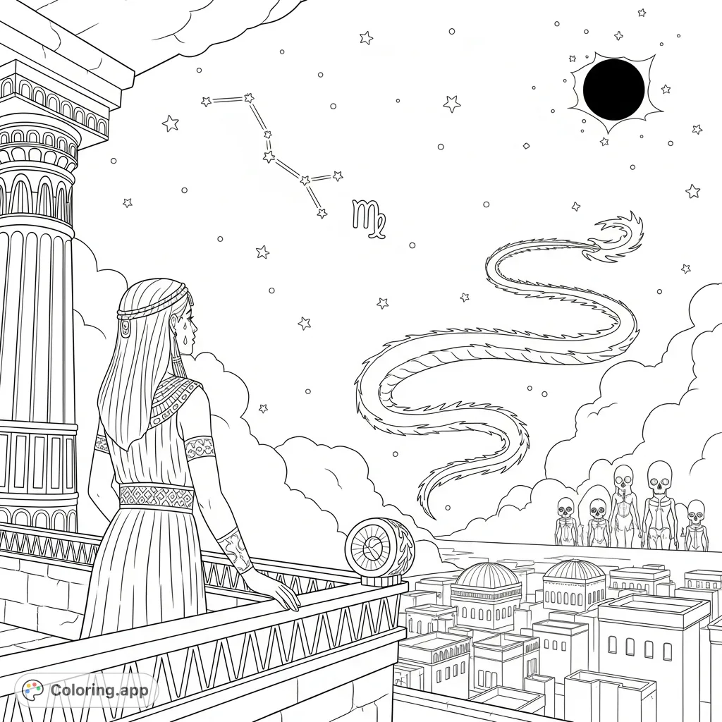 Witness Princess Innana's sorrow under a lunar eclipse in ancient Sumer, as the dragon's tail departs and the alien skulls emerge.