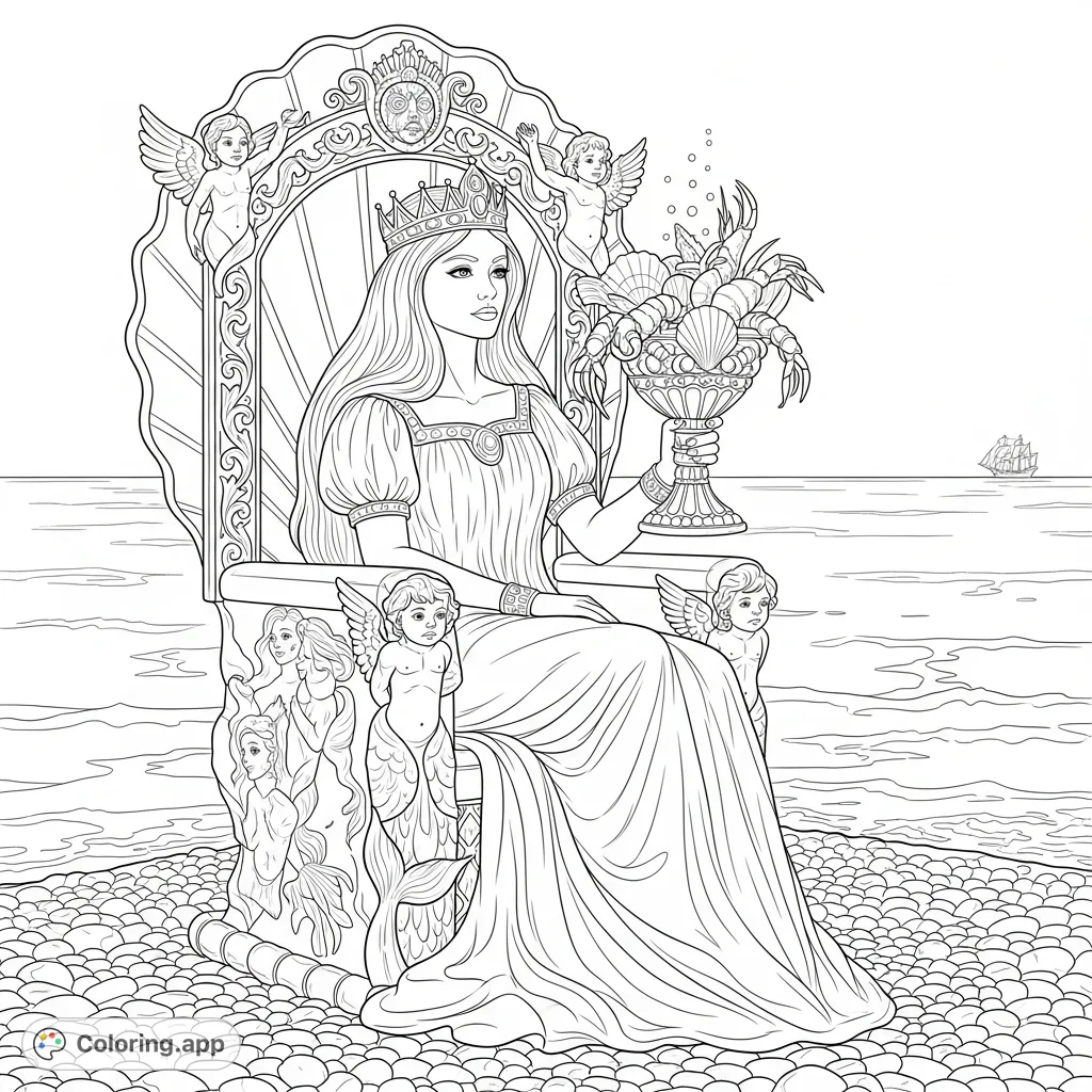 A majestic queen with a dreamy gaze sits on her seashell throne by the ocean, holding a chalice adorned with intricate marine details and surrounded by pebbles.