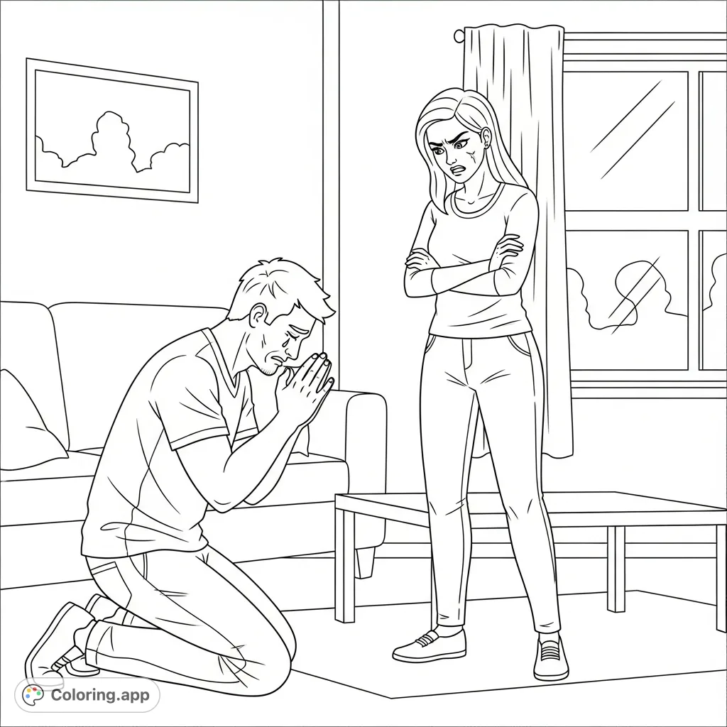A dramatic scene unfolds as a boyfriend on his knees pleads for forgiveness from his stern-faced girlfriend who stands over him, capturing a moment of intense emotion.
