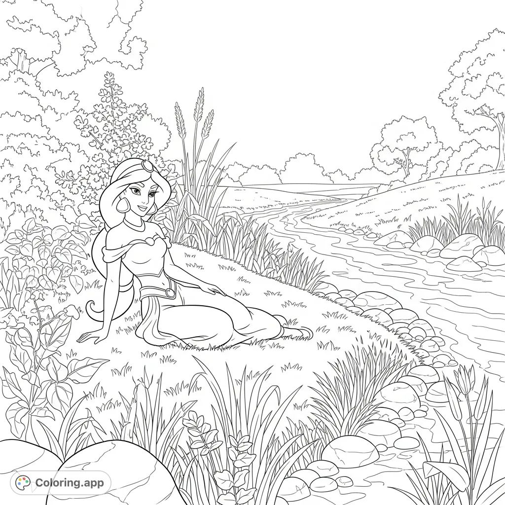 A serene Princess Jasmin relaxes by a peaceful river, surrounded by lush grass and natural beauty. A delightful scene perfect for imaginative coloring.