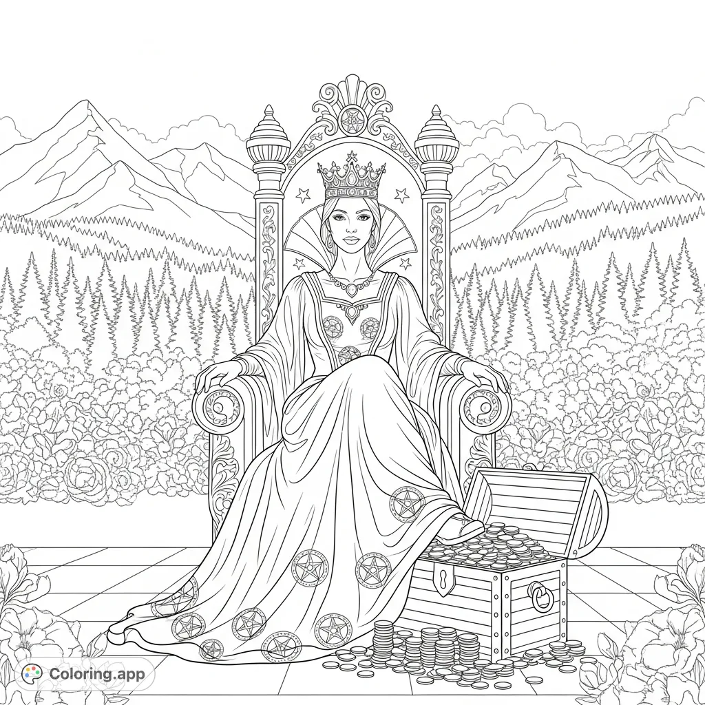 A majestic queen, adorned in a pentacle gown, reposes on her ornate throne in a vast garden, feet on a treasure chest. Mountains and forests frame the regal scene.