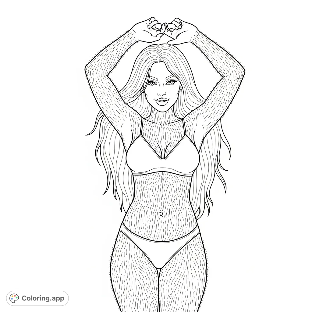 Discover a striking coloring page featuring a voluptuous woman with long, luxurious body hair, a mischievous grin, and hypnotic eyes, posed alluringly in a minimal bikini.