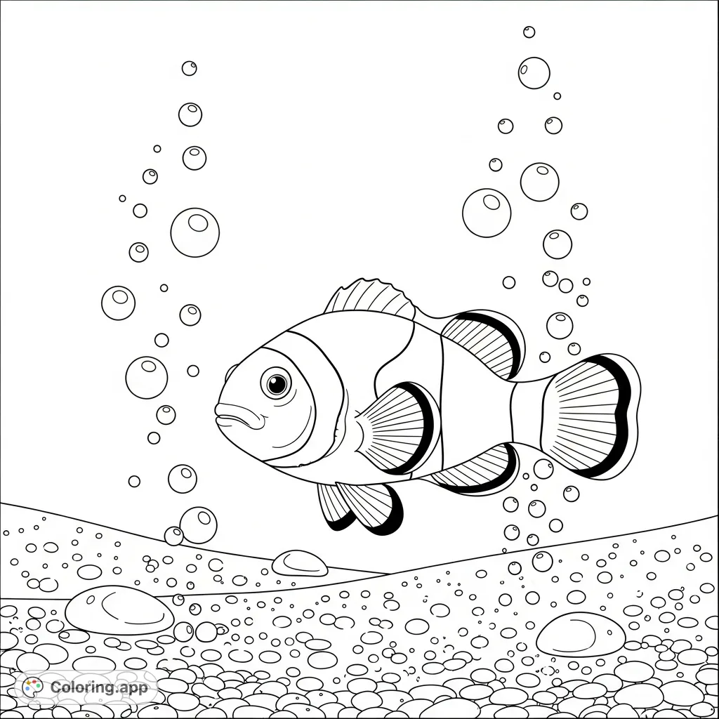 Dive into an underwater world with a cheerful clownfish surrounded by effervescent bubbles, set against a detailed ocean floor. A delightful animal coloring page.