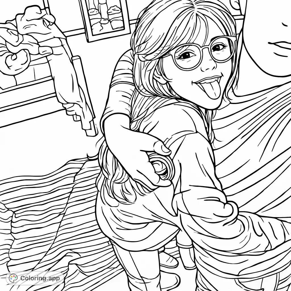 Capture a moment of playful affection between two individuals in a cozy setting. Features a person with glasses sticking out their tongue, wrapped in a warm hug.