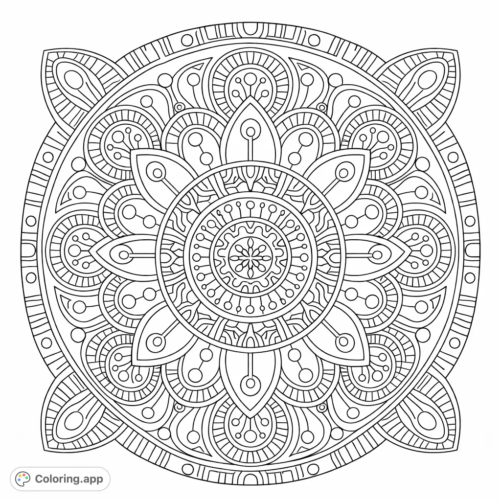 Unleash creativity with this intricate geometric mandala coloring page featuring detailed symmetrical patterns and repeating designs perfect for mindful relaxation.