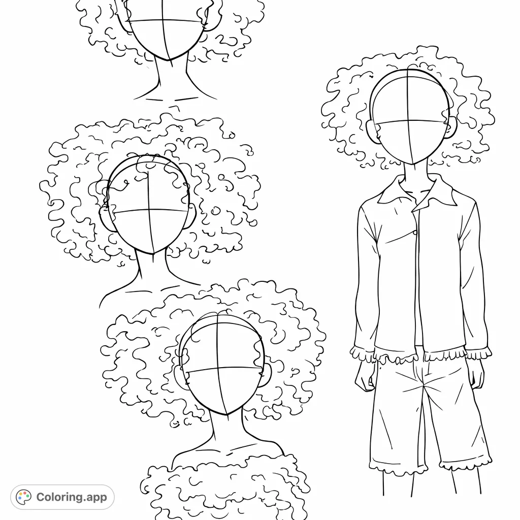 Stylized characters with unique curly hairstyles and detailed outfits invite imaginative coloring. Perfect for expressive art.