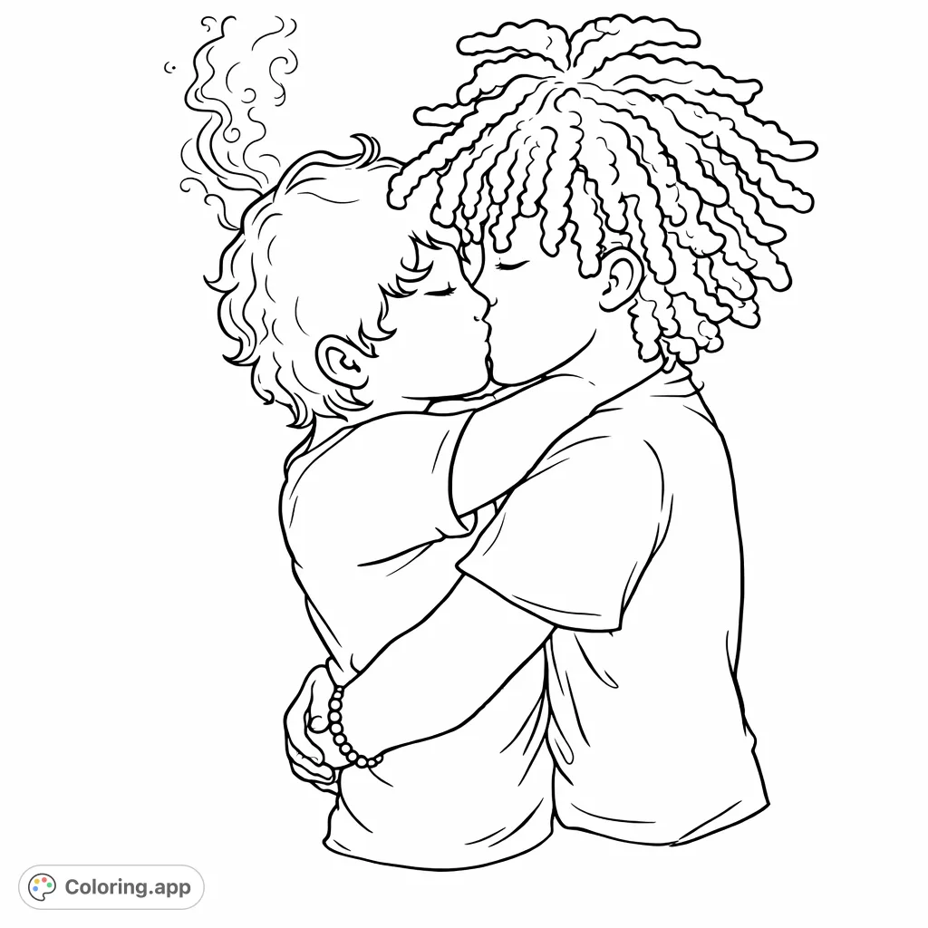 Discover a touching embrace between two figures with distinct hairstyles. A comforting moment captured for creative expression, perfect for a tender coloring page.