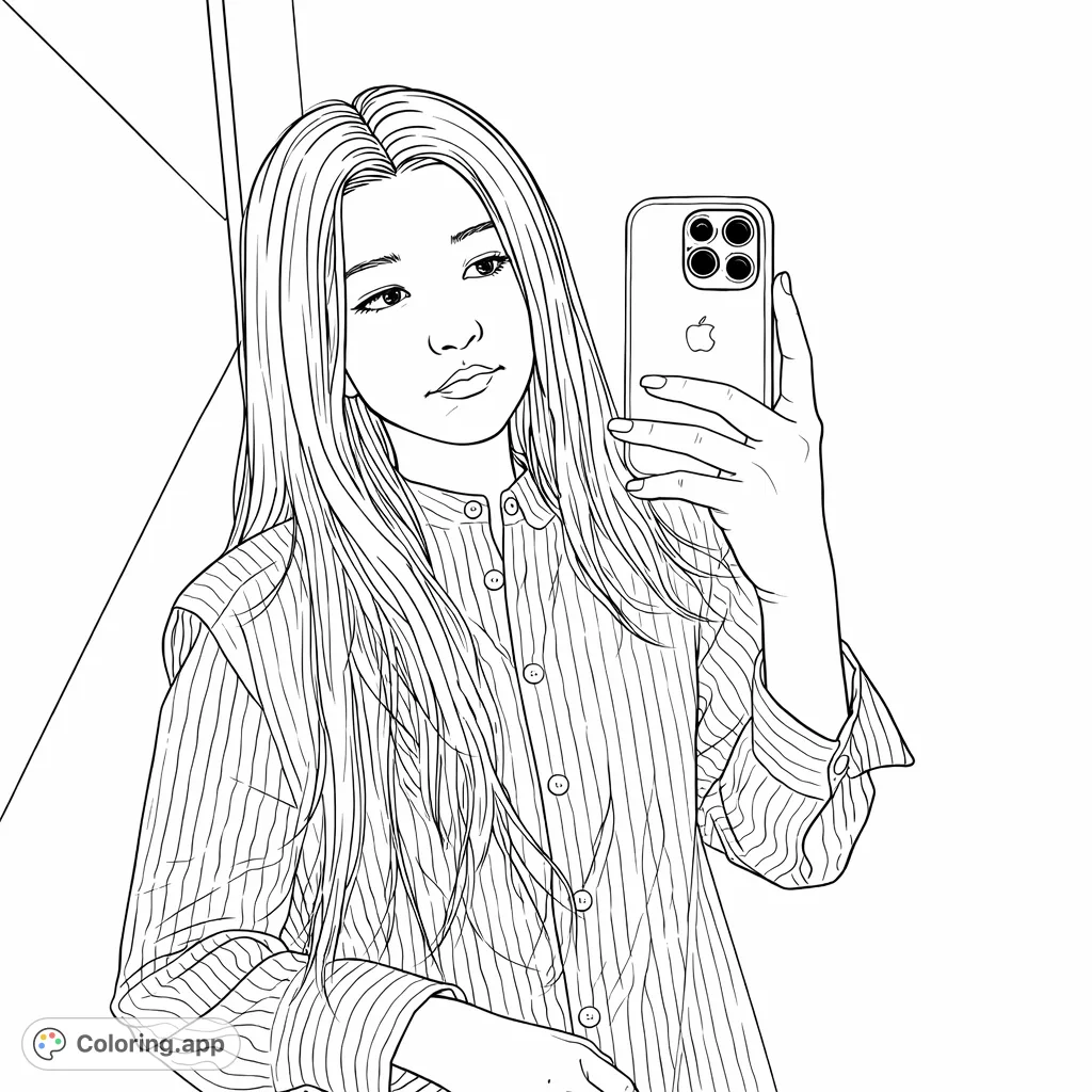 Capture a stylish selfie moment. A young woman in a striped shirt holds a smartphone, perfect for fashion and portrait coloring enthusiasts seeking a modern theme.