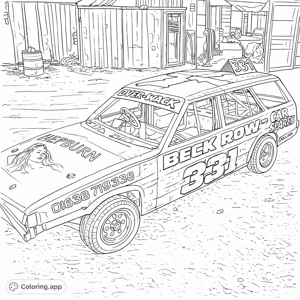 A highly detailed banger racing station wagon with custom lettering, a bold number 331, and a distinctive hood illustration, set in an industrial yard.