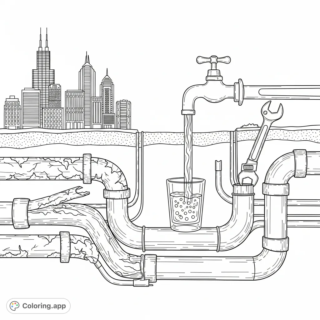 Visualize Chicago's water infrastructure challenge with old pipes and new solutions. A thoughtful coloring page promoting clean water awareness for North Lawndale.