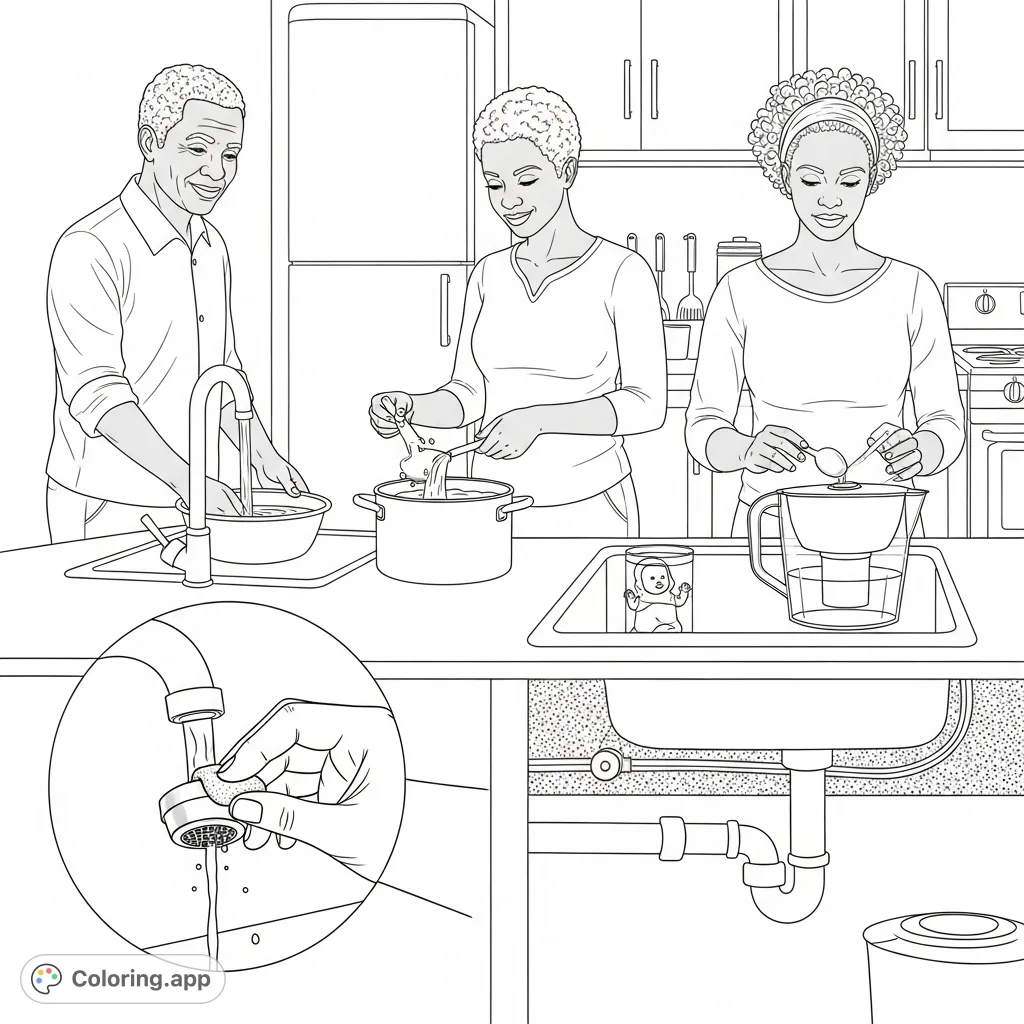An African American family demonstrates vital lead-safe water practices: running taps, using cold water, filtering, and cleaning aerators for healthy homes.