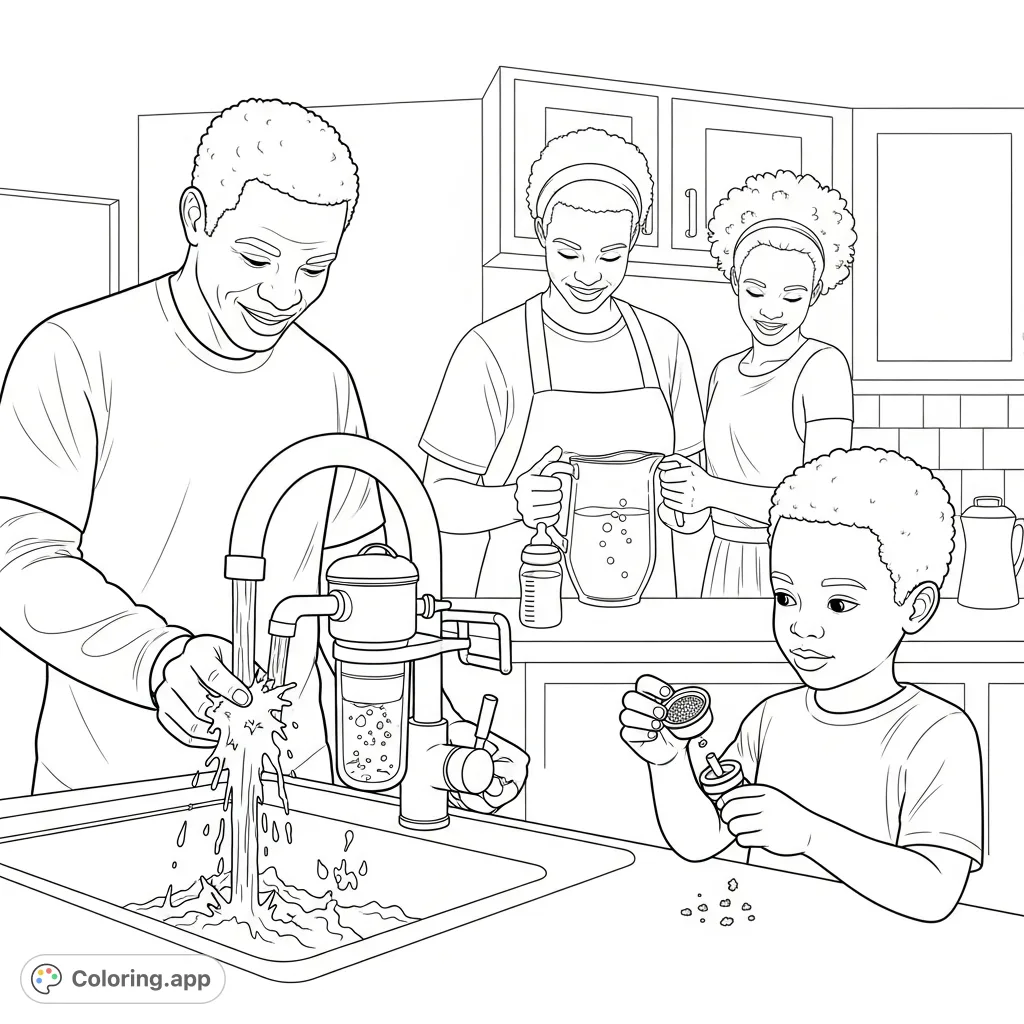An African American family demonstrates vital lead prevention tips for safe water, covering running taps, cold water use, filters, and aerator cleaning.