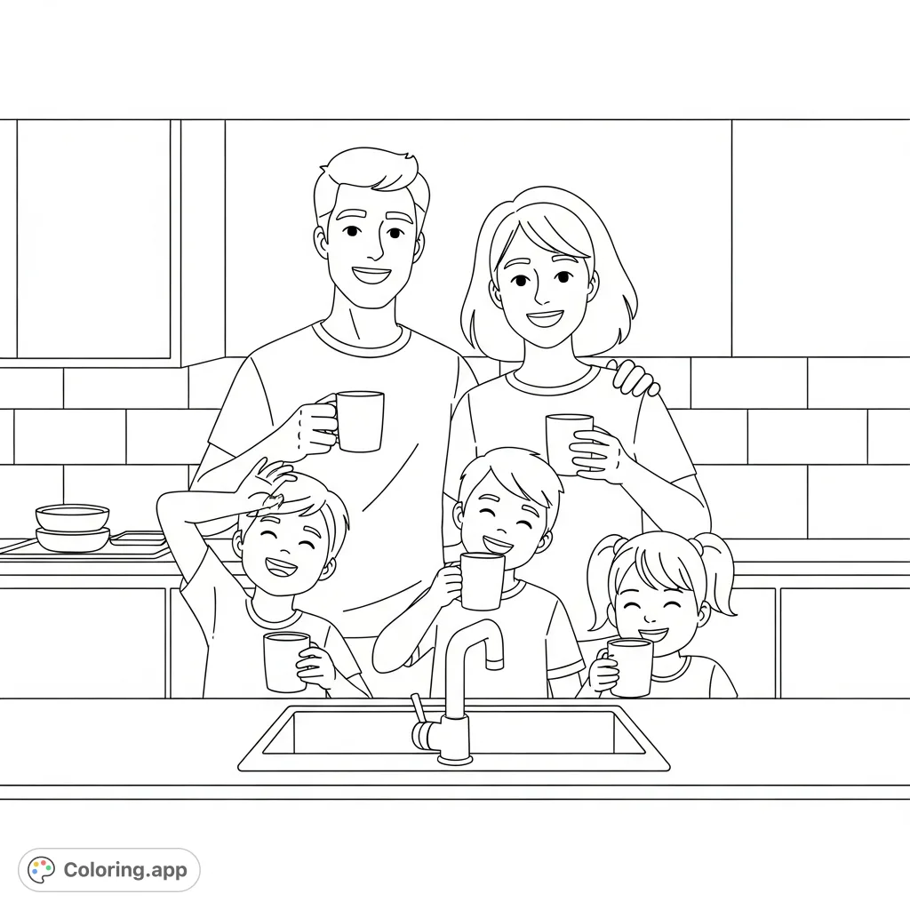 A heartwarming family scene featuring parents and children happily drinking water by a kitchen sink. Perfect for a calming coloring experience.